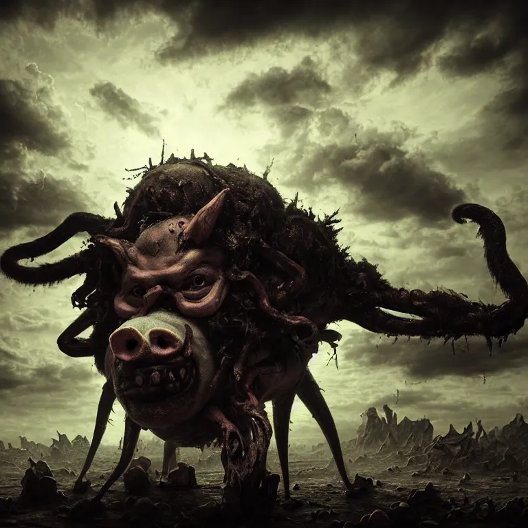 Prompt: portrait of a demon with pig body, monkey head, down curved horns, four hands on exoplanet, wrecked technology, dark clouds, surreal abandoned buildings, dream-like heavy atmosphere, baroque painting, beautiful detailed intricate insanely detailed octane render trending on Artstation, 8K artistic photography, photorealistic, dramatic volumetric cinematic light, chiaroscuro, award-winning photograph, masterpiece, Raphael, Caravaggio, Beksinski, Giger