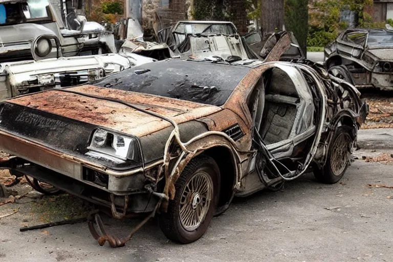 Prompt: rusty, decayed, damaged 1 9 2 2 delorean