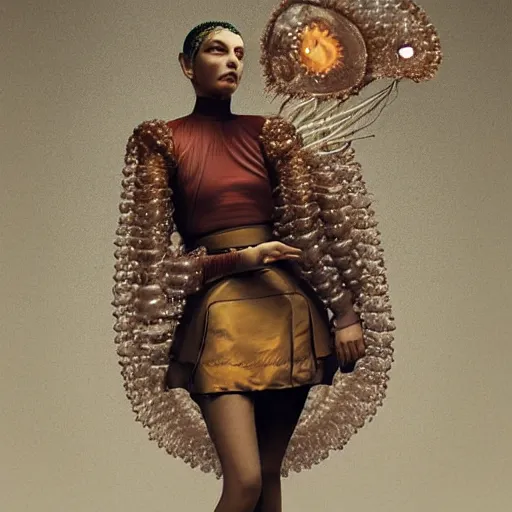 Image similar to medium shot of a brown woman wearing a luminous jelly fish armor. soft. fragile. by ray caesar. by louise dahl - wolfe. by andrea kowch. surreal photography