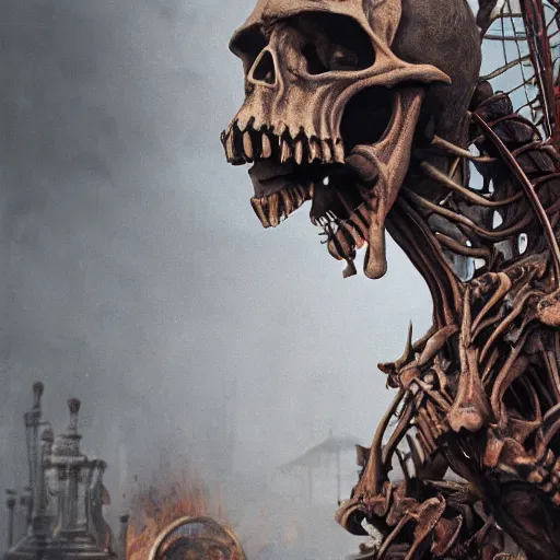 Image similar to a closeup of a skeleton demon riding a carousel in flames, beksinski, dariusz zawadzki, symmetrical, very coherent symmetrical artwork, cinematic, hyper realism, high detail, octane render, 8 k