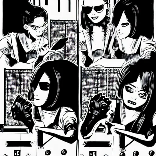 Image similar to twin sister models hacking into the mainframe of the pentagon, in the style of jamie hewlett and riyoko ikeda, black and white, photorealistic, epic, super cool