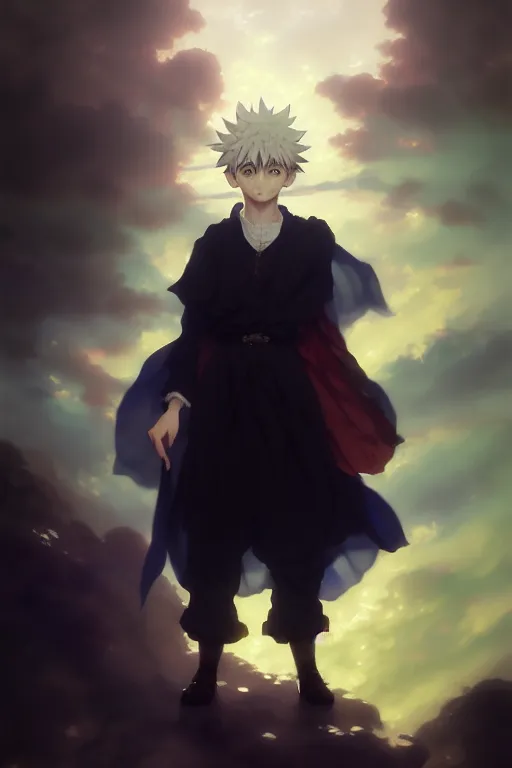 Image similar to baroque oil painting full body portrait character concept art, anime key visual of killua zoldyck studio lit directed gaze, trending on pixiv fanbox, painted by greg rutkowski makoto shinkai takashi takeuchi studio ghibli