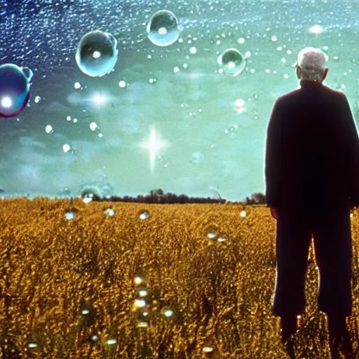 Prompt: an old man in a field looking at multiverse bubbles in the sky, scene from a star trek movie