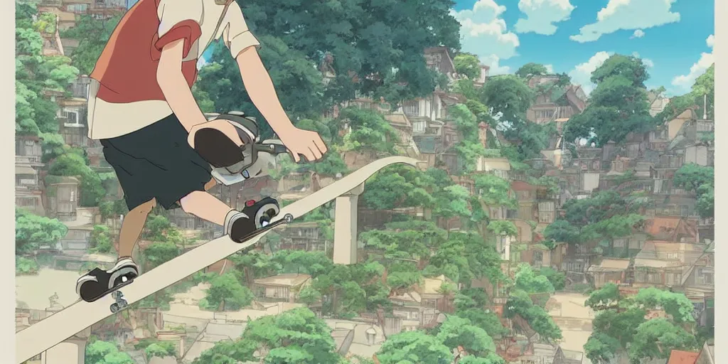 Prompt: a beautiful movie still in the style of Studio Ghibli anime showing a skateboarder in high detail. Studio Ghibli, trending on artstation, trending on behance