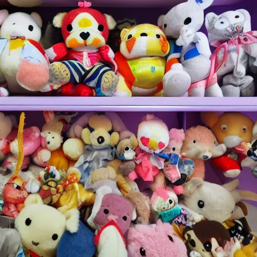 Image similar to stuffed animals inside of a crane game in japan anime style