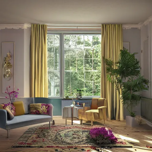 Image similar to beautiful rendering of an interior scene, english retro living room with sunlight coming from the window, plants and roses as accents, gold glittering ornaments, trending on behance, by raphael lacoste and craig mullins, rule of thirds, 8 k resolution, unreal engine, rendered in maya, detailed, wide - angle lens, two - point perspective, light effect, overall color balance