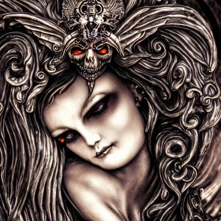 Image similar to centered portrait, close up, candid photography, goddess of death, by anne stokes, updo, highly detailed, accurate