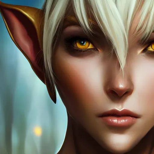 Image similar to close up headshot of a fantasy elf with short blonde hair, small ears and a strong jawline, character art, concept art, painting by Artgerm