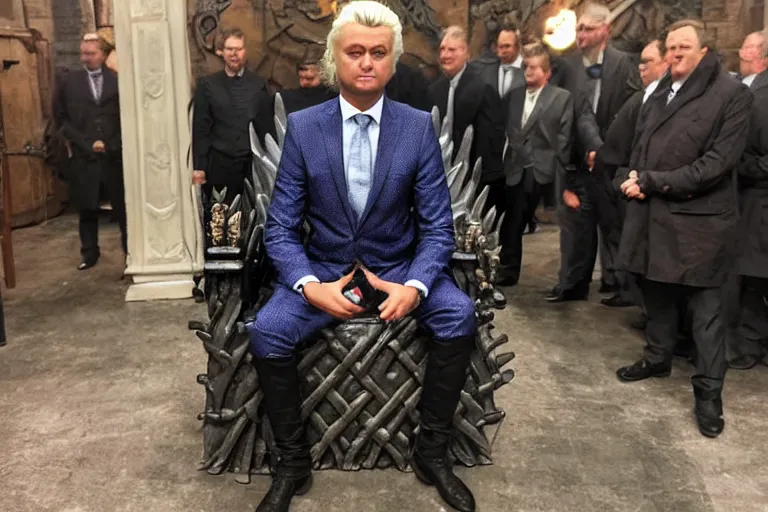 Image similar to geert wilders sitting on the iron throne