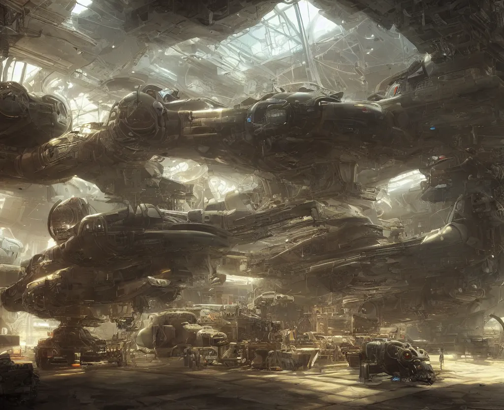 Image similar to the inside of a futuristic mechanic spaceshop, spaceship being repaired, highly detailed interior, holographic screen in center frame by peter mohrbacher and craig mullins, dieselpunk, cyberpunk, firefly, star citizen, unreal engine, extreme detail, hyper realism, realistic shading, cinematic composition, realistic render, octane render, detailed textures, photorealistic