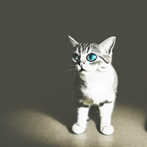 Image similar to cute cat with tiny undersized legs, big head, cinematic lighting, beautiful composition