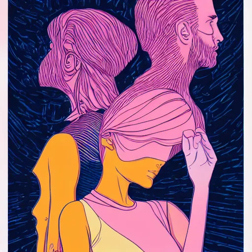 Prompt: Two lovers channeling third eye energy in the living room. They are feeling vulnerable in their love, hoping that their struggles will bring the best out of their love. There are other people in the room looking sinister and laughing at them. screen print by martine johanna and moebius, artstation