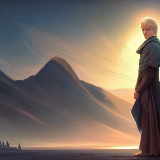 Prompt: a young blonde male jedi with short hair standing still looking at the sunset concept art by Doug Chiang cinematic, realistic painting, high definition, concept art, portait image, path tracing, serene landscape, high quality, highly detailed, 8K, soft colors, warm colors, turbulent sea, high coherence, anatomically correct, hyperrealistic, concept art, defined face, five fingers, symmetrical