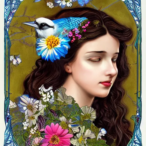 Image similar to realistic detailed face portrait of a beautiful woman with flowers in her hair and a blue jay nesting in her hair by jenny savilla, michael c hayes, fairytale, art nouveau, victorian, character concept design, smooth, extremely sharp detail, finely tuned detail, story book design, storybook layout