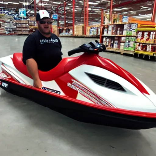 Prompt: hotdog mascot driving a jetski in Costco