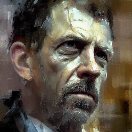 Image similar to face protrait of doctor house, realistic, ultrahd, jeremy mann painting