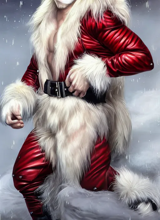 Image similar to Aesthetic portrait commission of a gay male fully furry, muscular anthro albino lion wearing an attractive festive red and white cozy Christmas outfit with long pants and black leather harness and boots, with a tail and a beautiful, attractive, hyperdetailed face, safe for work (SFW). Character design by charlie bowater, ross tran, artgerm, detailed, inked, award winning film poster painting.