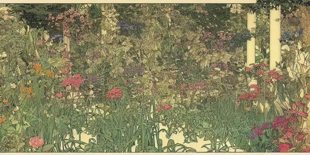 Image similar to an illustration of a beautiful garden, isometric view, painted by ernst haeckel and hasui kawase and alphonse mucha