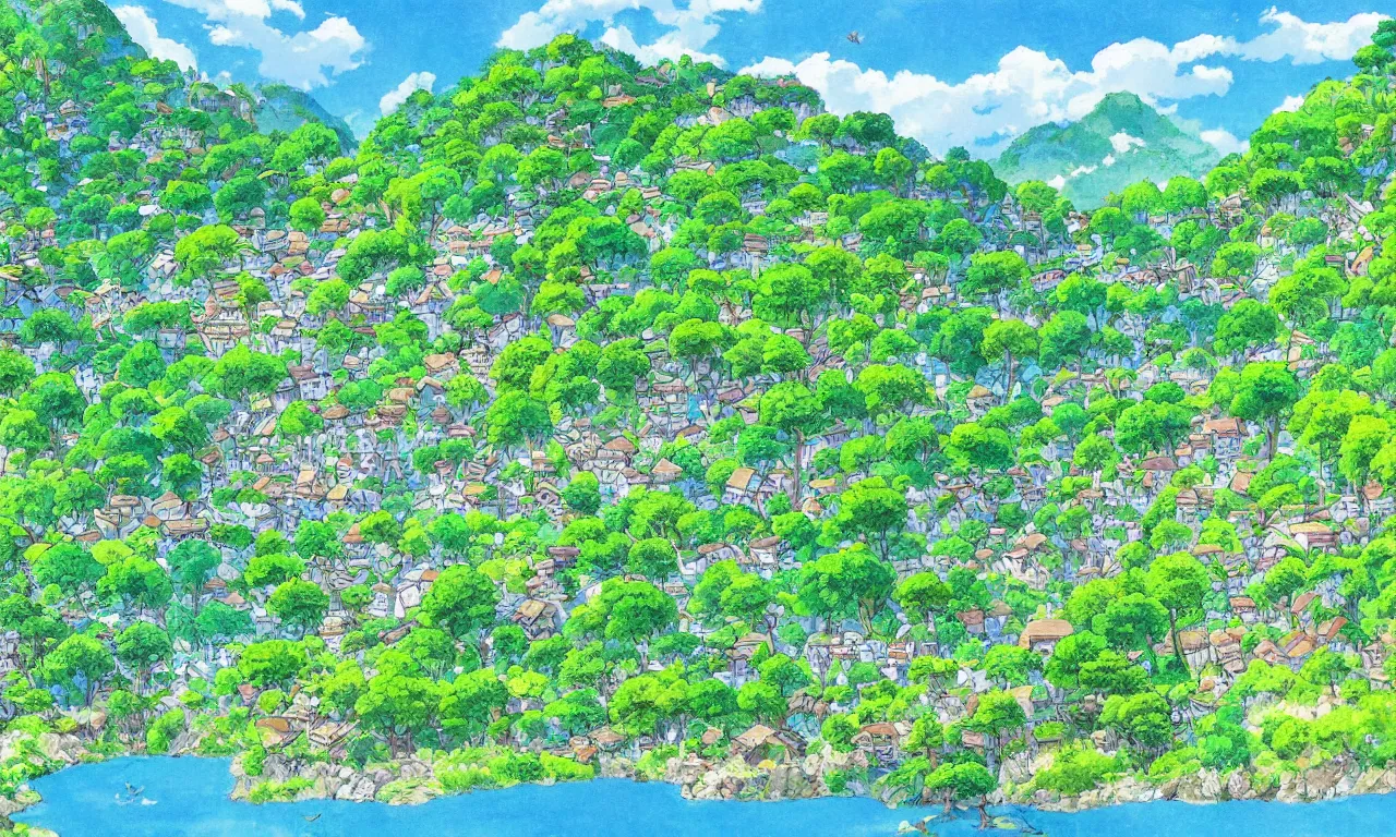 Image similar to a village down the mountain, river across the painting, blue sky, summer, green, sunshine, trees, by studio ghibli and hayao miyazaki