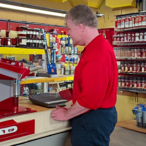 Image similar to tom scott wearing the iconic red shirt while working behind a general shop counter, happy, bright lighting, photorealistic, 4 k