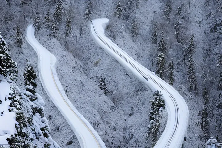 Prompt: a dangerous winding road route on an icy snowy cliff edge, blizzard, photo
