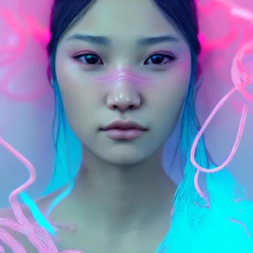 Image similar to intricate highly detailed face portrait of asian - european woman, light blue - pink gradient water vines on her face, intricate, cgsociety, unreal engine, octane render, sharp focus, smooth, volumetric lighting, cinematic composition, artstation