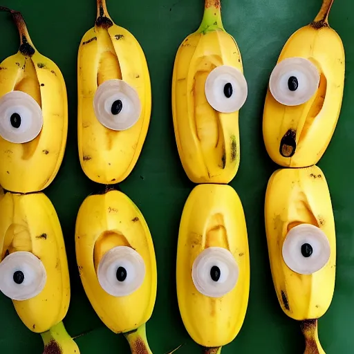 Image similar to banana ducks, peeled bananas with googly eyes and duck beaks