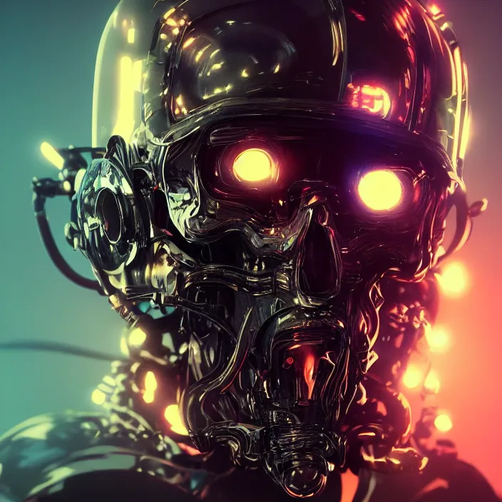 Image similar to portrait art of 8k ultra realistic retro futuristic skull helmet, lens flare, atmosphere, glow, detailed,intricate,blade runner, cybernetic, full of colour, cinematic lighting, trending on artstation, 4k, hyperrealistic, focused, extreme details,unreal engine 5, cinematic, masterpiece, art by ayami kojima, giger