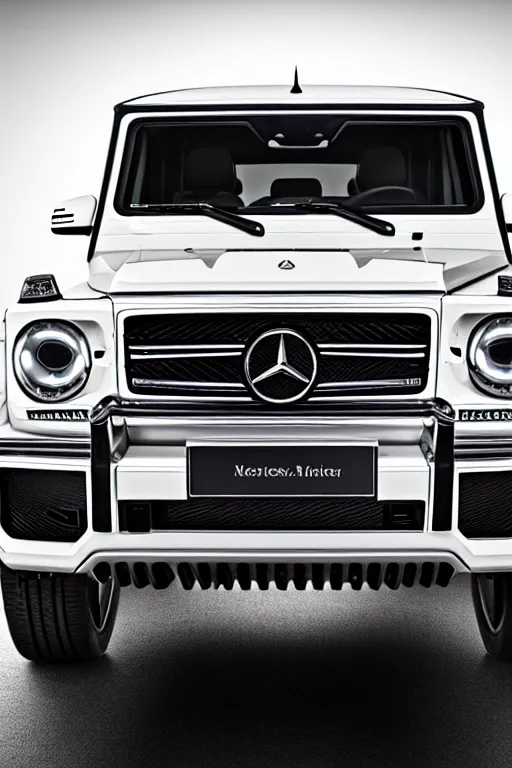 Image similar to Photo of a white 2019 Mercedes-Benz G63, daylight, front view, studio lighting, high resolution.