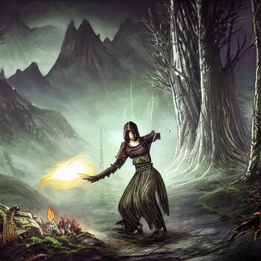 Image similar to The Elder Scrolls 6, Female Mage conjuring a spell, realistic, ultra detailed, menacing, powerful, dark, shallow focus, forest, mountains in the background concept art design as if designed by Wētā Workshop