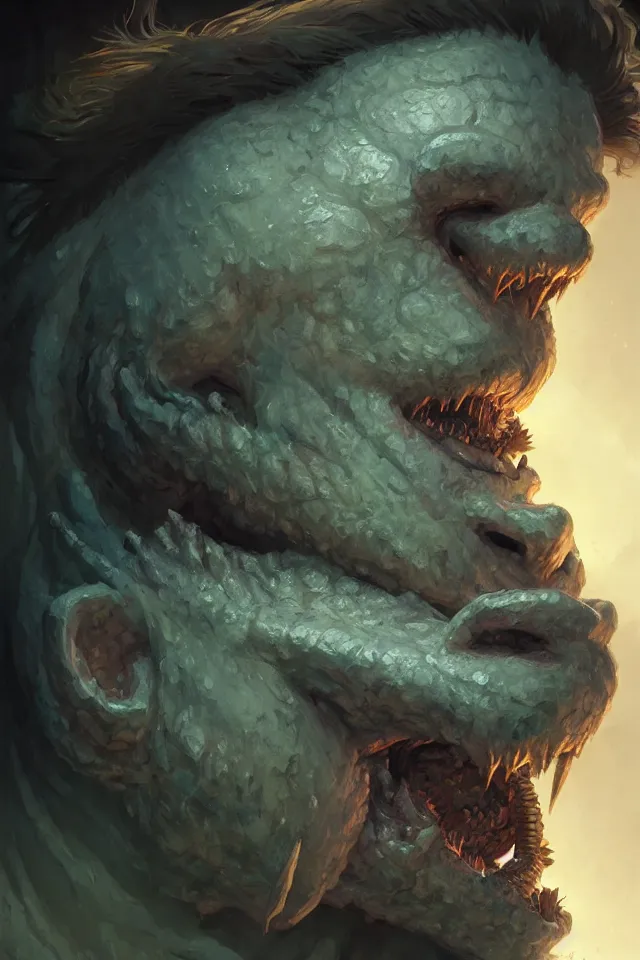 Prompt: close portrait of a blind cave troll, dungeons and dragons, savage monster, intricate, fantasy, extremely detailed, digital painting, artstation, concept art, smooth, sharp focus, illustration, ambient lighting, art by artgerm and greg rutkowski and alphonse mucha and simon stalenhag