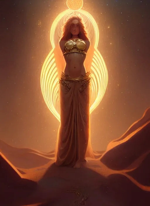 Image similar to a beautiful cinematic female sand goddess, glow golden tatto, galatic shamen with Quantum energy fantasy, fantasy magic, undercut hairstyle, dark light night, intricate, elegant, sharp focus, illustration, highly detailed, digital painting, concept art, matte, art by WLOP and Artgerm and Greg Rutkowski and Alphonse Mucha, masterpiece