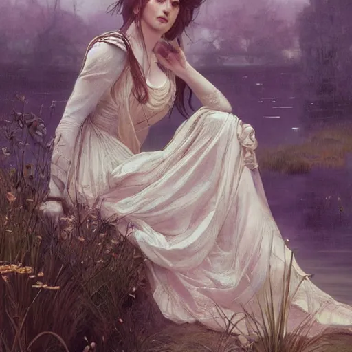 Prompt: A portrait of A beautiful!!! female knight sitting by the lake by greg rutkowski and alphonse mucha,In style of digital art illustration.Dark Fantasy.WLOP.hyper detailed,smooth, sharp focus,trending on artstation,4k