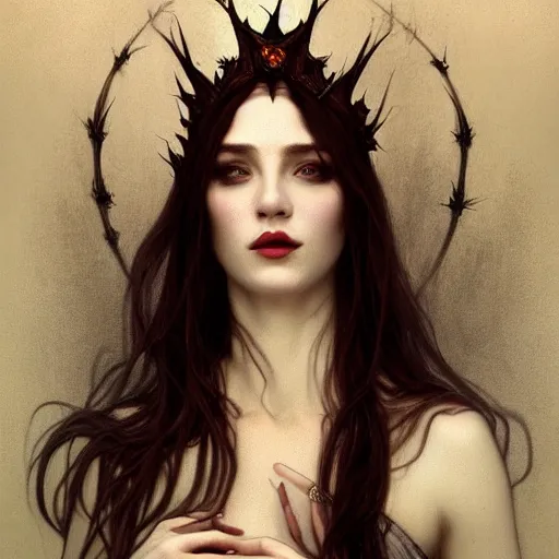 Image similar to portrait of very beautiful vampire, rose thorn crown, thorns everywhere, headshot, pale skin, 4k, rule of thirds, extreme detail, detailed drawing, trending artstation, hd, fantasy, D&D, realistic lighting, by Alphonse Mucha, Greg Rutkowski, sharp focus, backlit, velvet hair, elegant