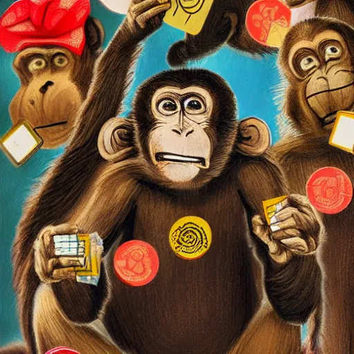 Prompt: ''A group of monkeys with cards in their hands, centered image, HD, Photorealistic''