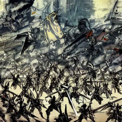 Image similar to one hero with sword looking at army of swordsmen in the background, in the middle of an arena, crowd of people, pencil art, straight, clear, added detail, high definiton, colored, aerial view, by yoji shinkawa