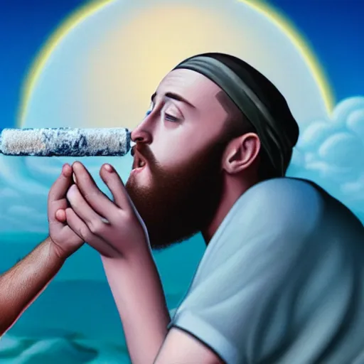 Image similar to a ultra detail picture portrait of Mac Miller and Jesus smoking a joint in heaven, 8k, photorealistic