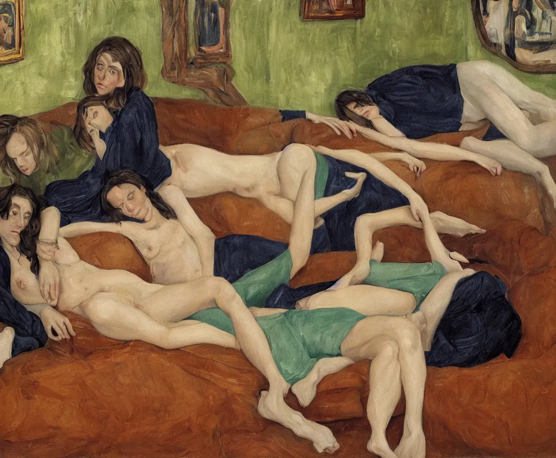 Image similar to portrait of bella and esther lying horizontal, in an old english apartment on a brown leather sofa. one is wearing a dark blue sweather, the other a white shirt. brown hair, they are looking into the camera. wide shot. in the style of lucien freud. oil painting. green mood. isometric perspective