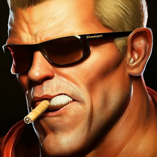 Prompt: !Duke Nukem 3D, square jaw-line, 'groovy', cigar, intricate, cinematic lighting, highly detailed, digital painting, concept art, smooth, sharp focus, illustration, art by Artgerm and Greg Rutkowski, Cgsociety