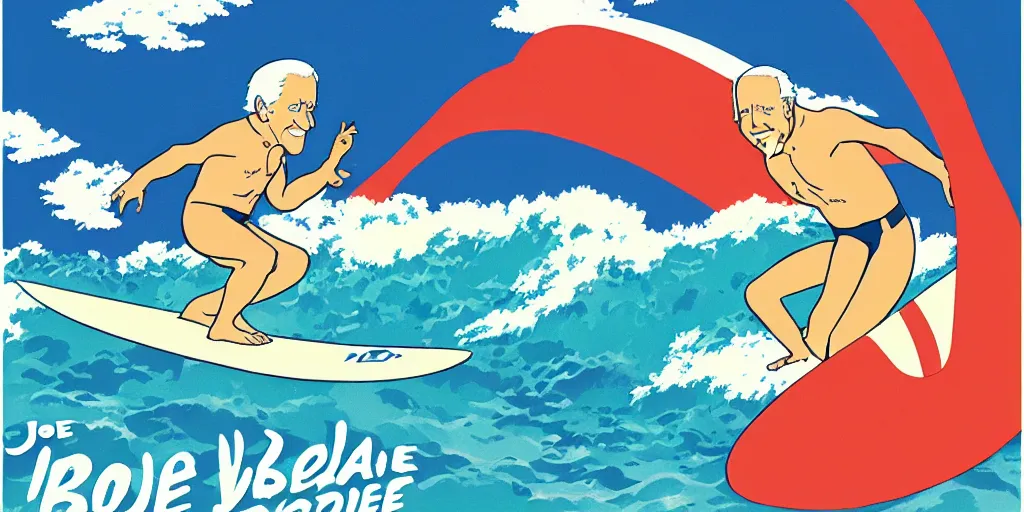 Image similar to joe biden surfing campaign poster, hawaii studio ghibli