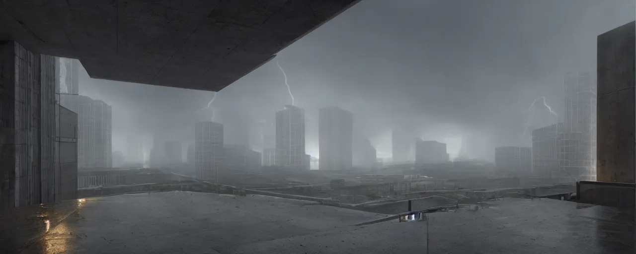 Image similar to brutalist architecture, metal, concrete, mist, rain, night, dramatic lighting, lightning bolt, trending on Artstation, 8k, highly realistic, hyper detailed, unreal engine 5, IMAX quality, realistic, cinematic, epic lighting, realistic, in the style of Greg Rutkowski