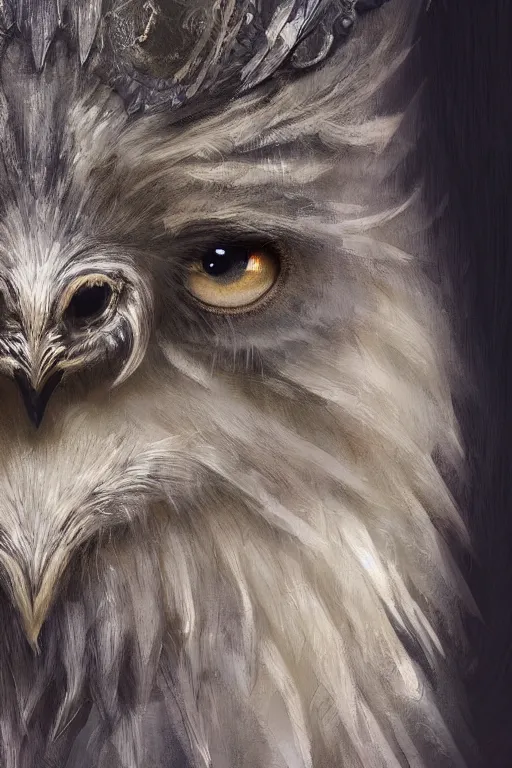 Image similar to a beautiful closeup shot from a fantasy film of a humanoid grey owlbear wearing a loose tunic. an anthropomorphic owlbear. fantasy, frown, intricate, elegant, highly detailed, digital painting, artstation, concept art, matte, sharp focus, illustration, art by artgerm and greg rutkowski and alphonse mucha