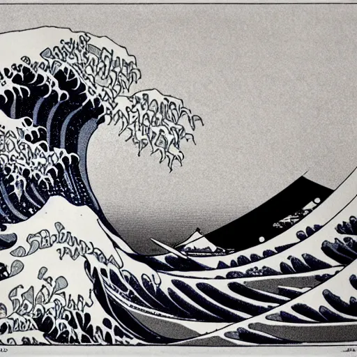 Image similar to ocean swells by Moebius, black and white, fine lines, hyper detailed, hokusai