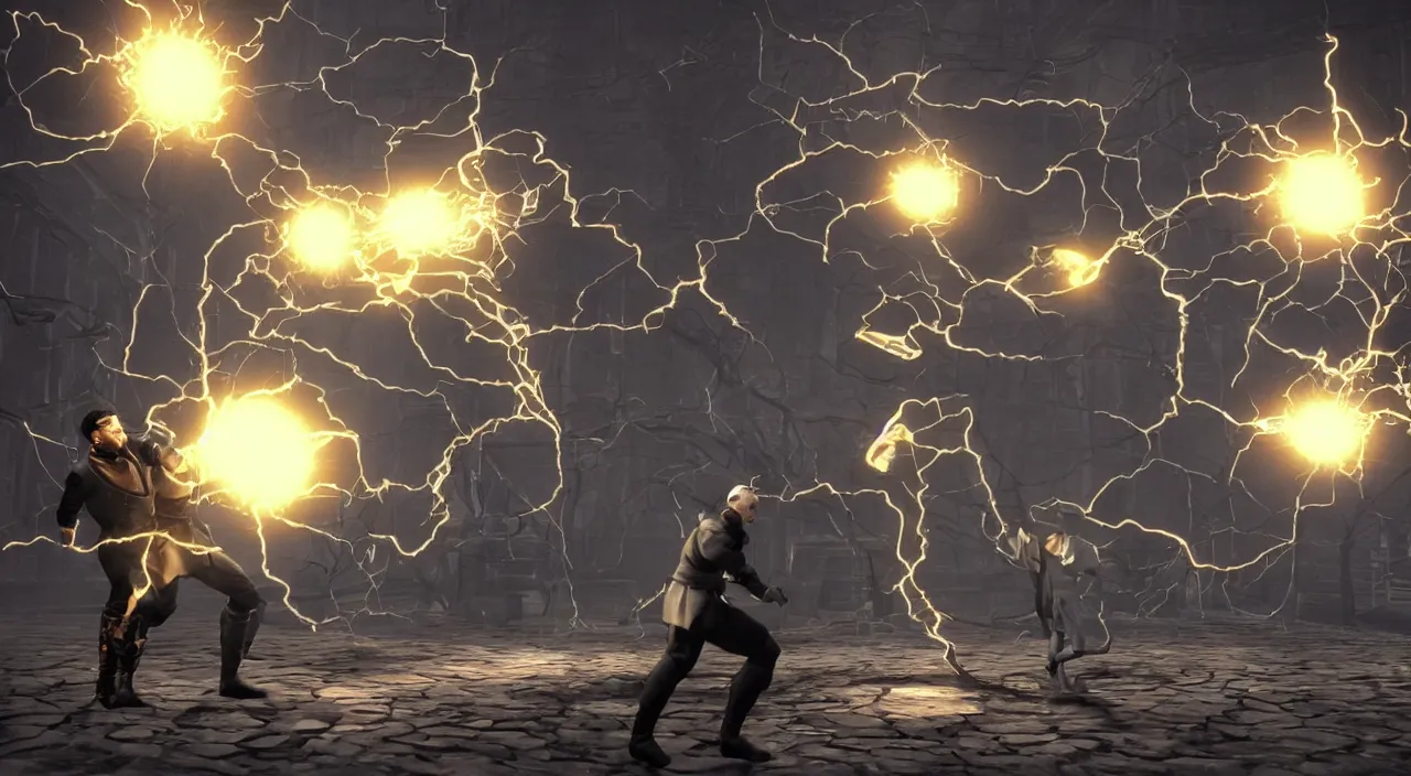 Image similar to nikola tesla vs thomas edison in a screenshot from the mortal kombat videogame