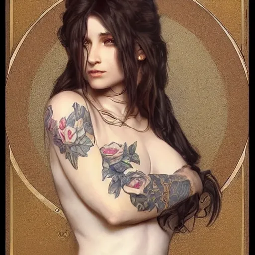 Image similar to ultra realistic illustration, a hot brunette tattooed slavic woman in her late 2 0's, intricate, elegant, highly detailed, digital painting, artstation, concept art, smooth, sharp focus, illustration, art by artgerm and greg rutkowski and alphonse mucha