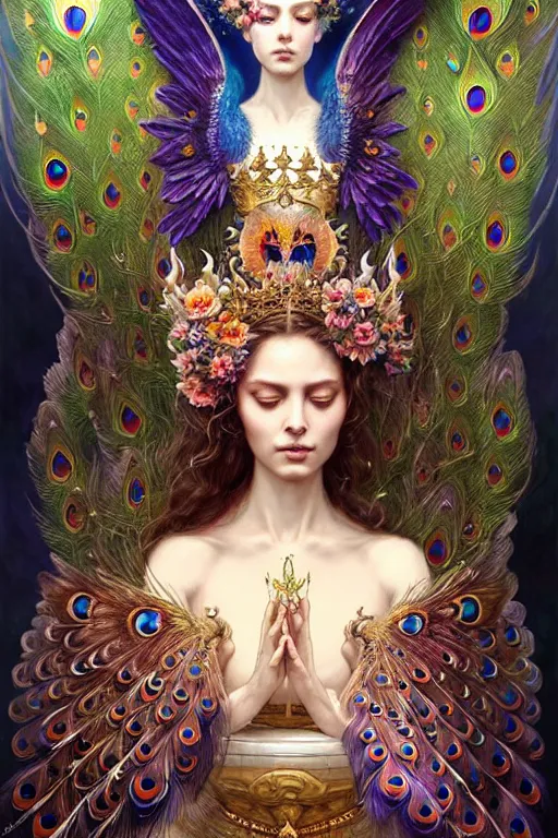 Prompt: a beautiful ultradetailed portrait of an empress of celestial beauty! with large wings of protecton, flowers and butterflies, ornate crown made of peacock feathers by greg rutkowski, karol bak and peter mohrbacher, volumetric lighting, magical realism, celestial, goddess, empress.