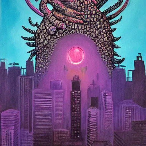 Image similar to A beautiful painting of a large, monster looming over a cityscape. The monster has several eyes and mouths, and its body is covered in spikes. It seems to be coming towards the viewer, who is looking up at it in fear. neon purple, realism, infrared by Dustin Nguyen