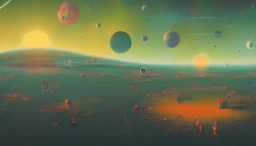 Prompt: hexagons traveling to the sun, in space, planet earth in foreground, simon stalenhag