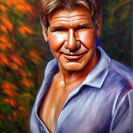 Image similar to stunning serene portrait of a young Harrison Ford wearing a clown suit by Mark Arian, oil on canvas, masterpiece, realism, piercing gaze, autumn bokeh