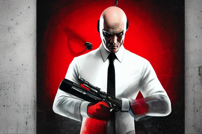 Image similar to an expressive portrait of agent 4 7 from hitman wearing headphones and putting a vinyl record onto a turntable, dark background, red rim light, digita, l